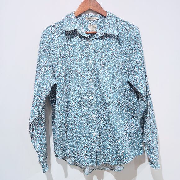 L.L. Bean Womens White Wrinkle Resistant Leaf Print Button Up Blouse Size Large - Picture 1 of 9
